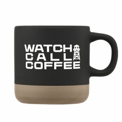 a black and brown mug with white text