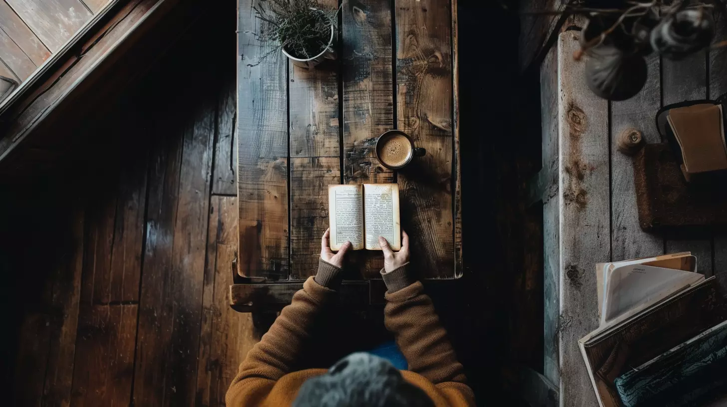 a person reading a book on a table