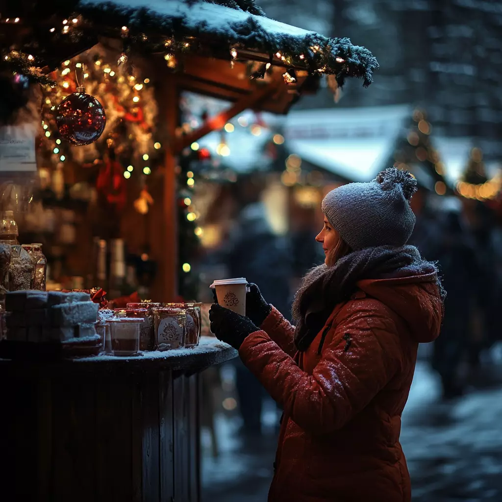 a woman standing outside at a christmas market