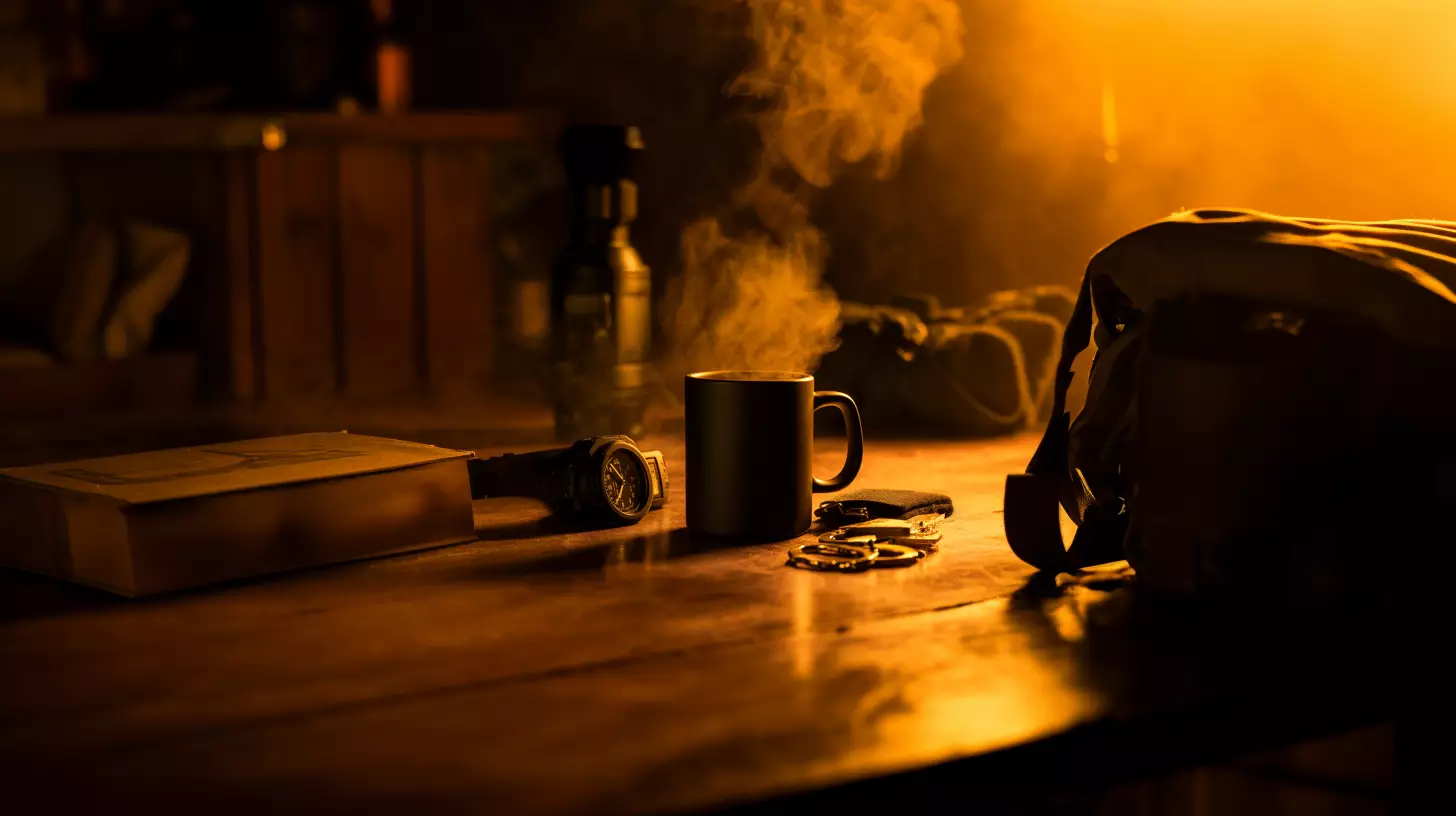 a mug of coffee and a watch on a table
