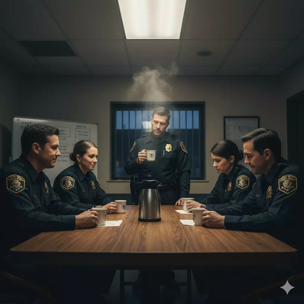 A small group of correctional officers gathered, before or after a shift, with coffee mugs in hand. One be speaking, others listening intently. This highlights camaraderie, preparation, and the shared experience of the job.