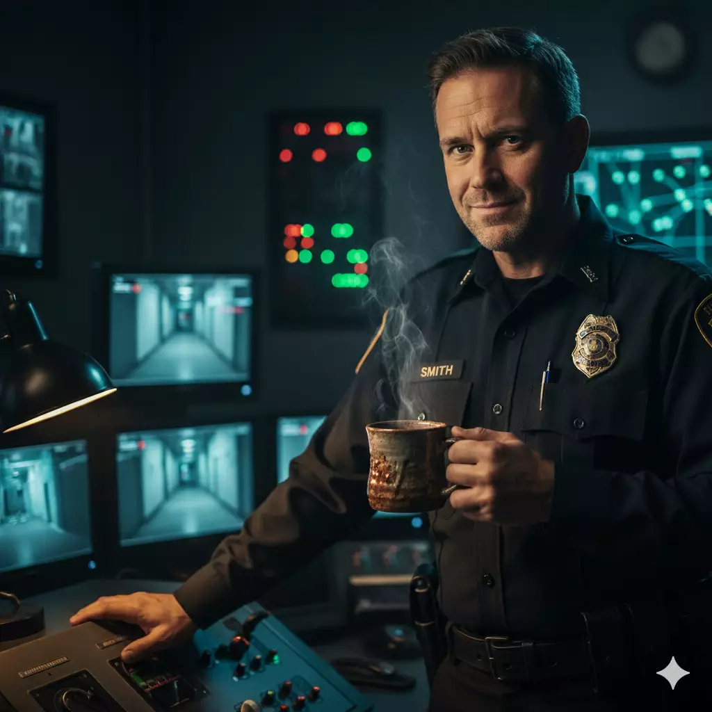 A correctional officer, male, mid-shift, taking a moment to drink coffee while observing. The setting could subtly hint at a control room or a less active area of a facility. This image speaks to the vigilance and solitary moments of the job.