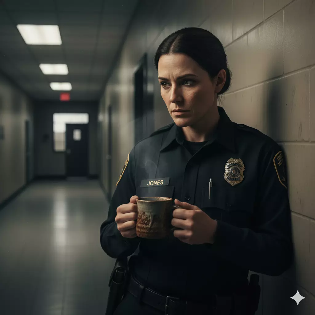 A correctional officer, leaning against a wall or seated, looking a bit tired but resilient, holding a coffee mug. This image conveys the demanding nature of the work and how coffee provides a necessary moment of pause or comfort after intense situations.