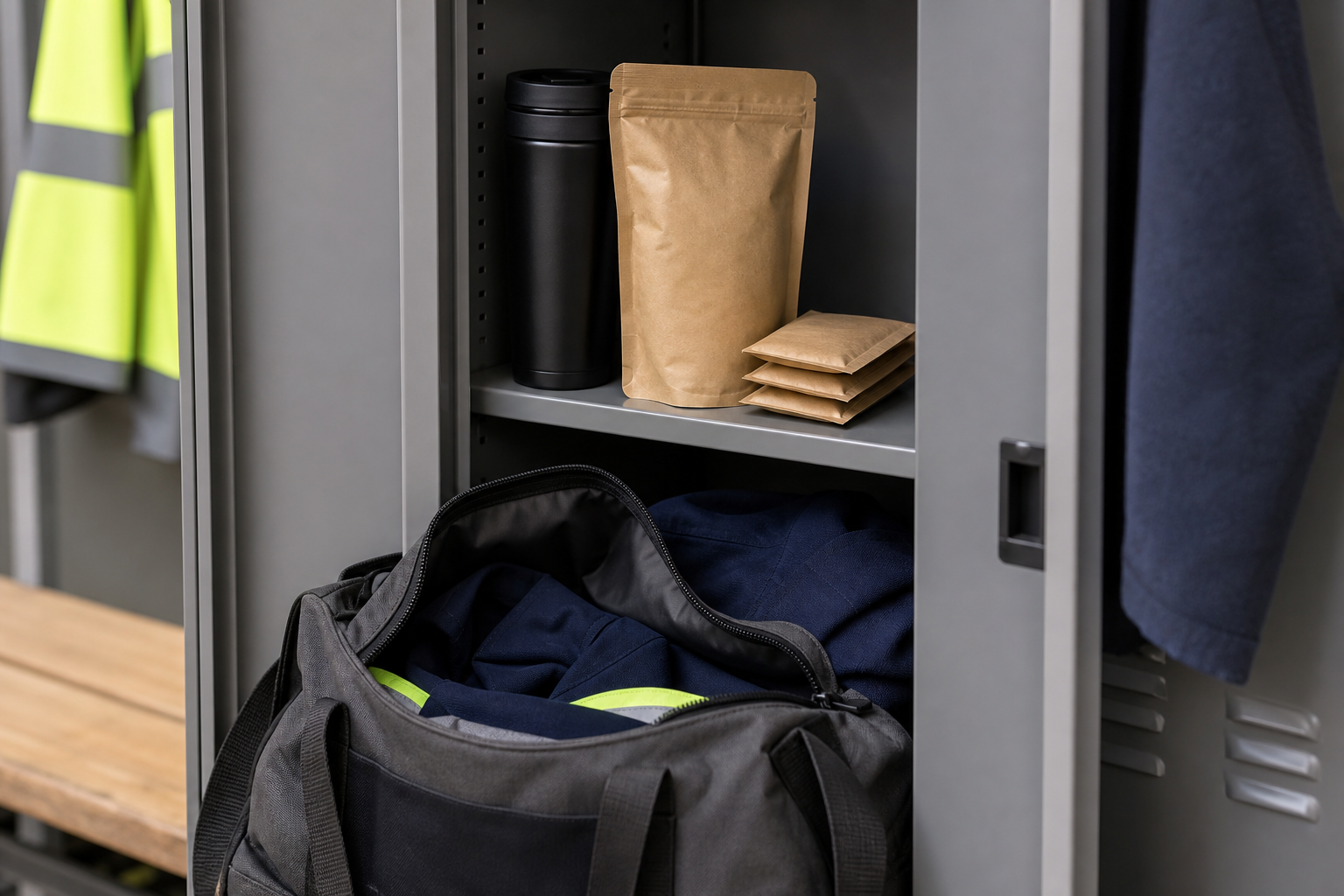 Backup coffee supplies stored in a work bag or locker for long shifts
