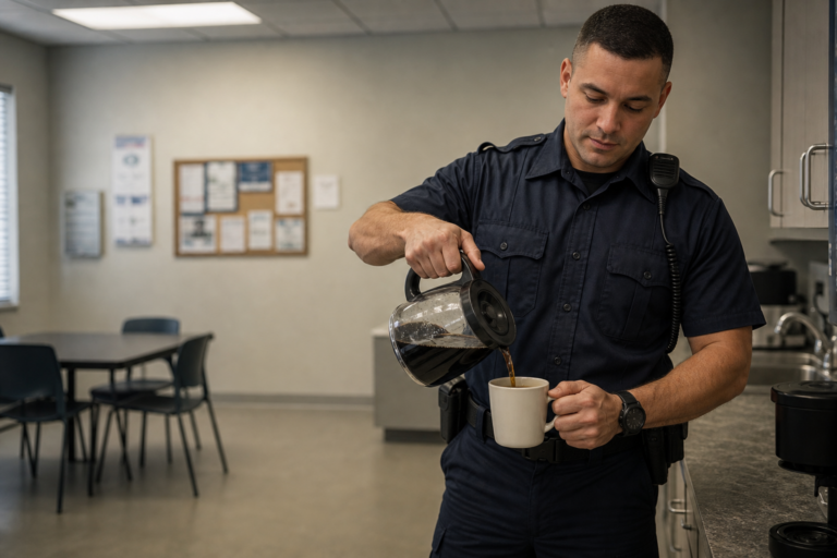 Correctional officer pouring fresh coffee in a workplace break room