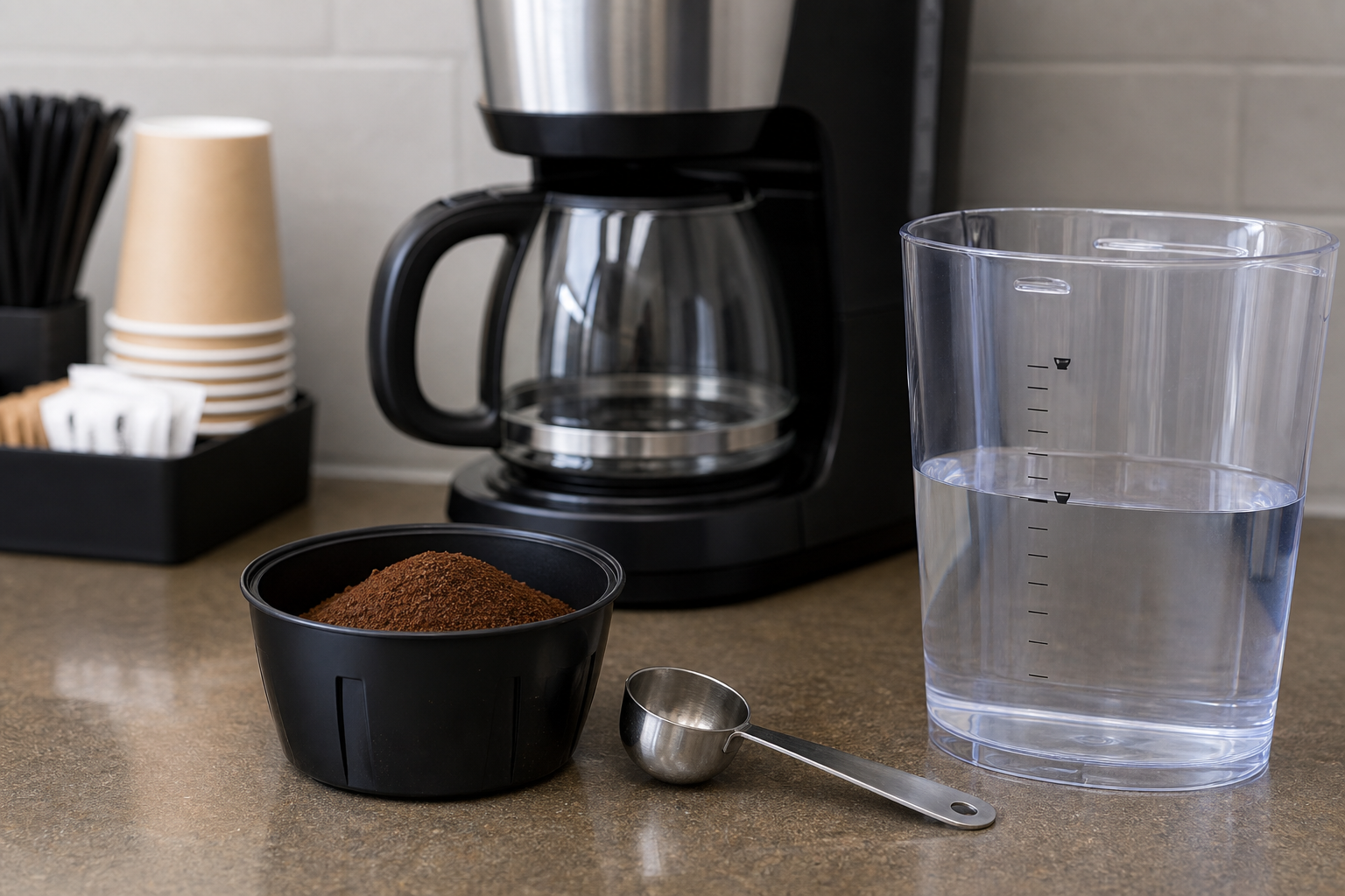 Measured coffee grounds and drip coffee setup showing a better coffee-to-water ratio