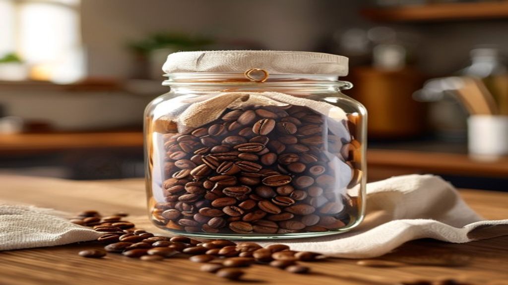 Roasted coffee beans stored in an airtight glass jar on a kitchen counter.
