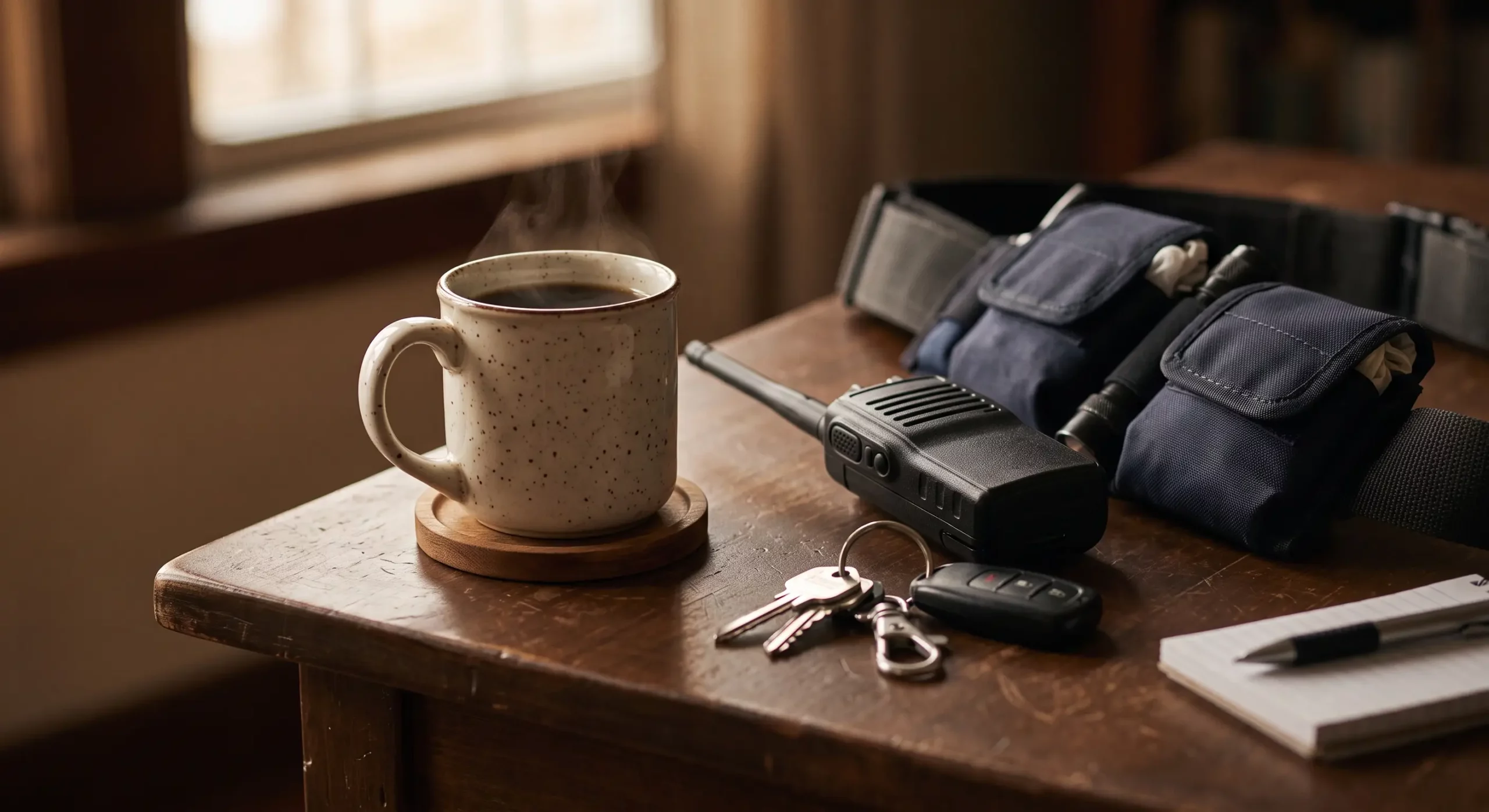 coffee and duty gear representing getting ready for the day